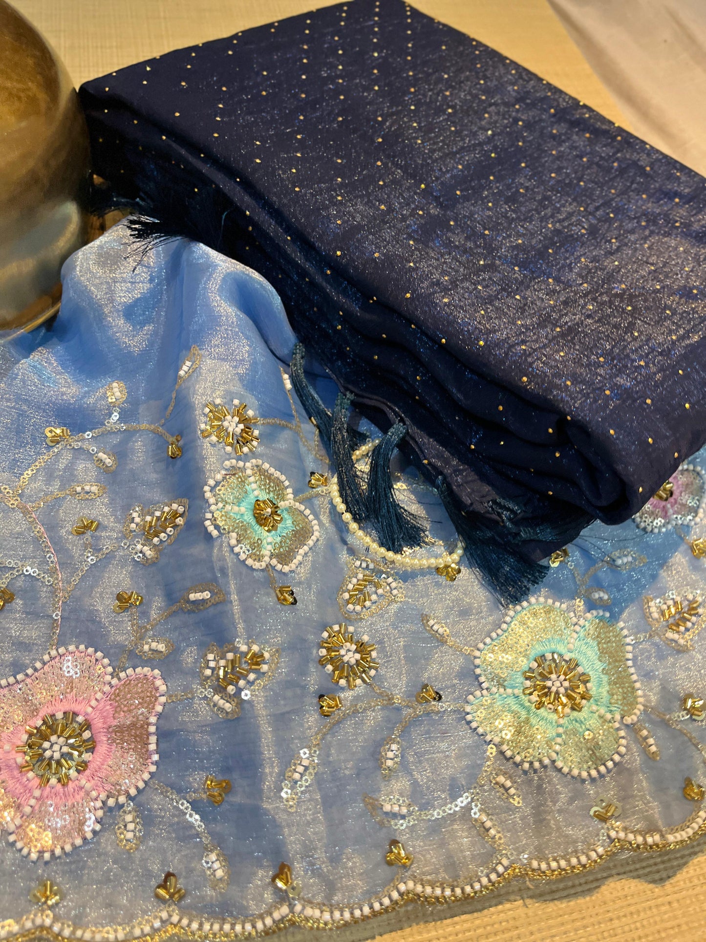 Navy Blue dotted saree
