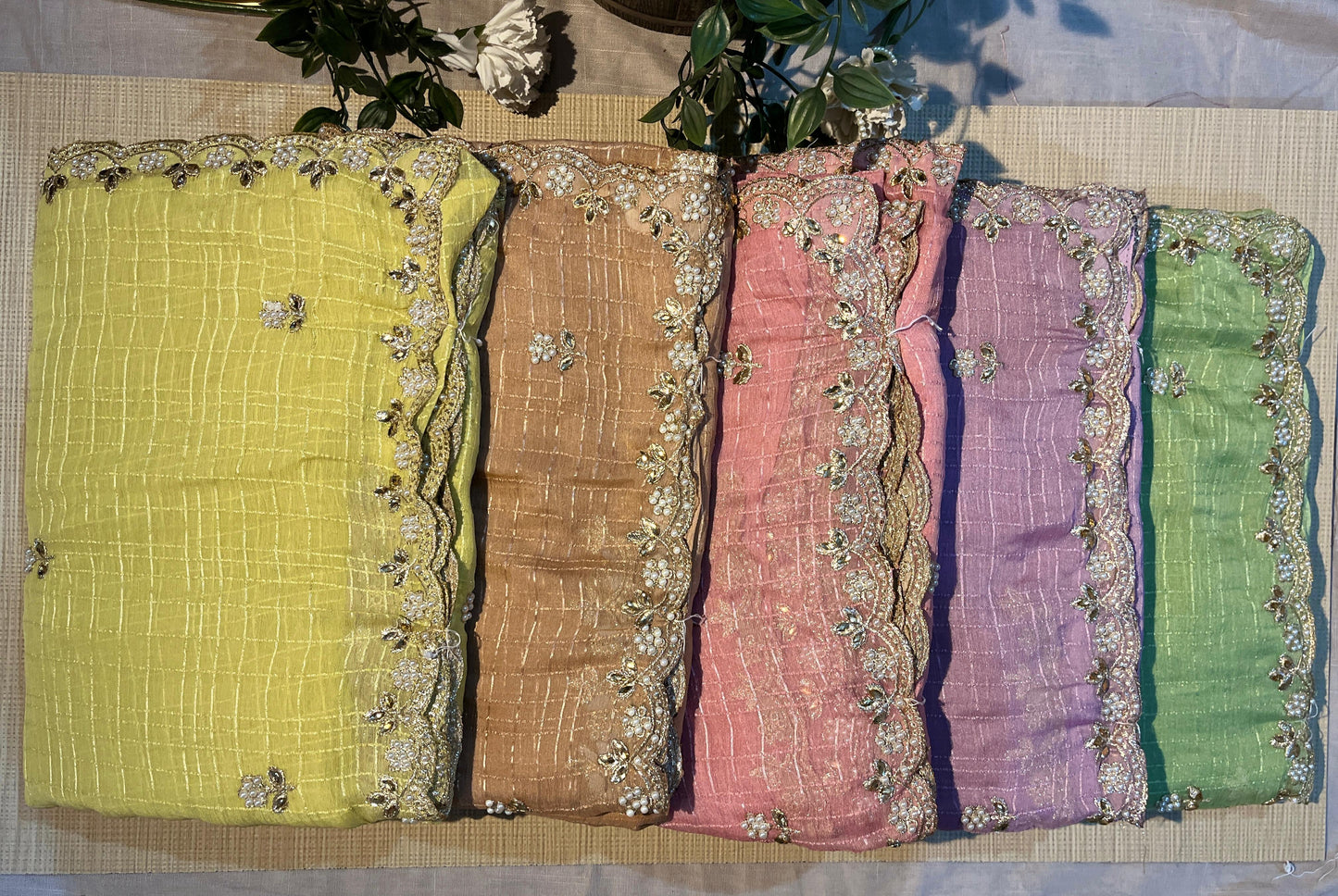 Pastel Grid Pearl Saree