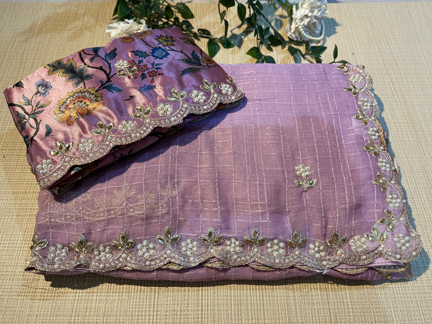 Pastel Grid Pearl Saree