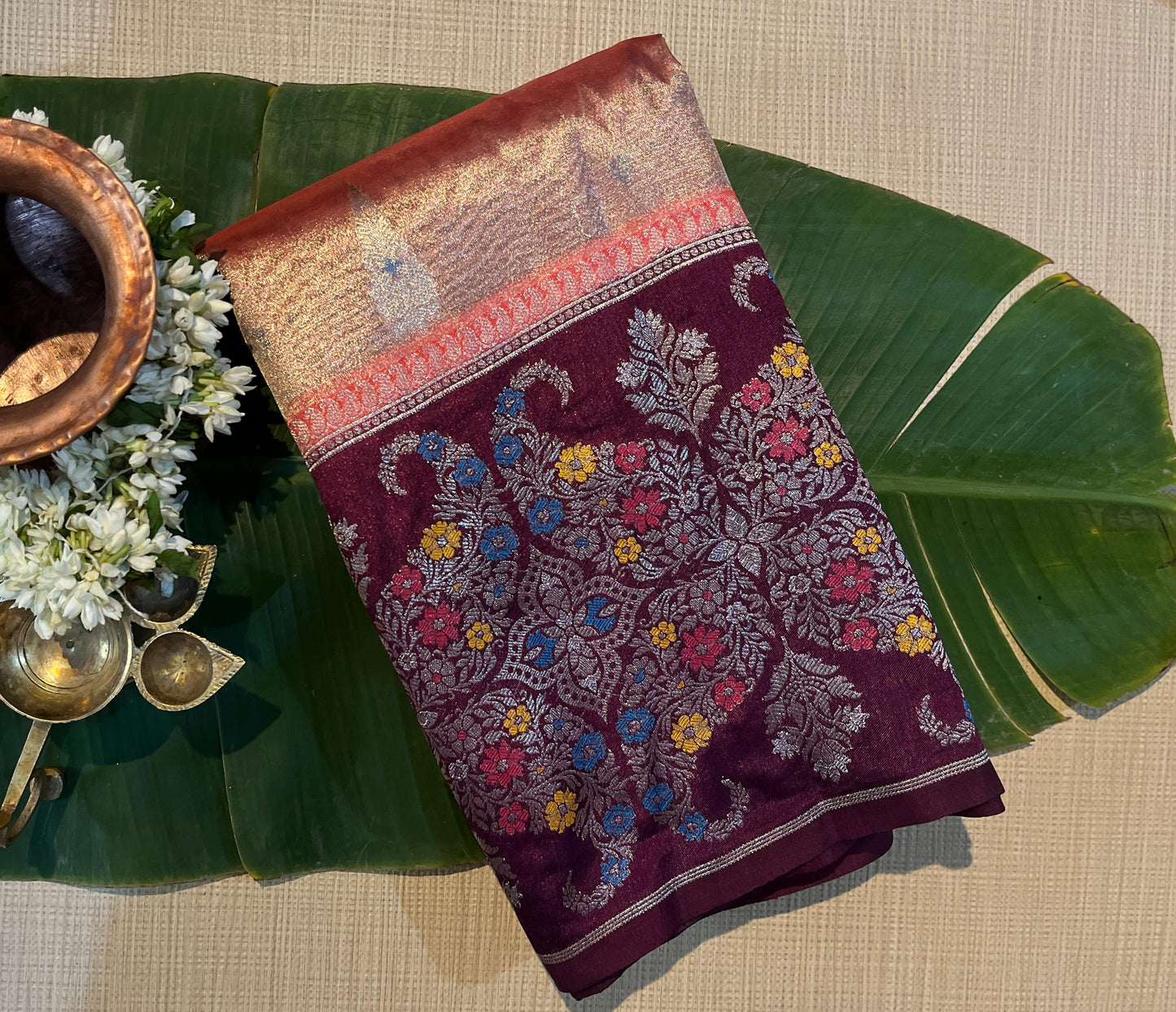 Contrast Floral Tissue saree