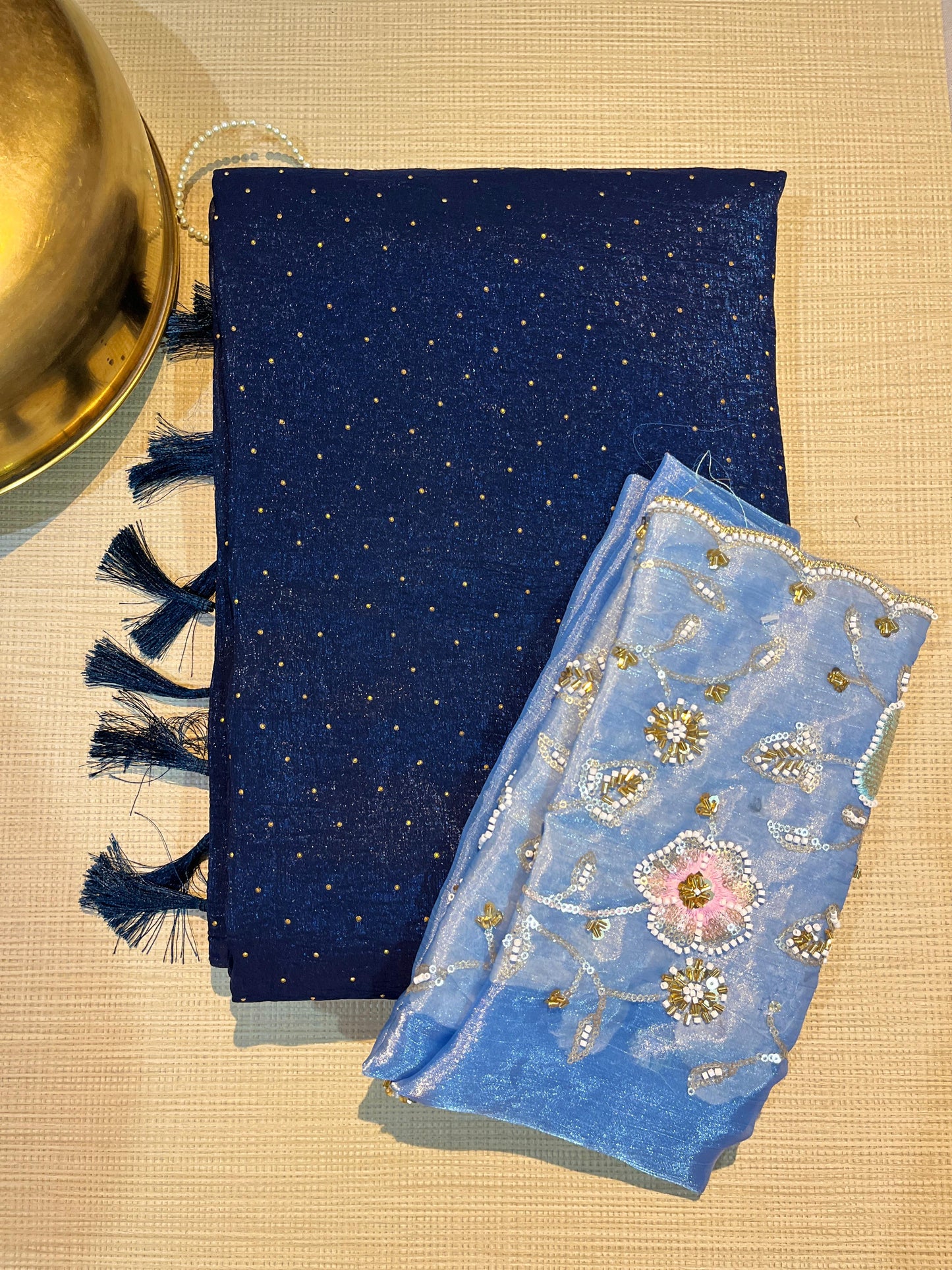 Navy Blue dotted saree
