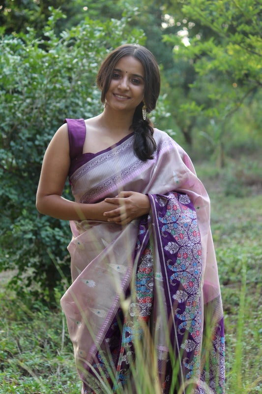 Contrast Floral Tissue saree